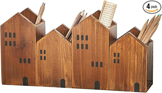 4-piece Kids Wooden Study Desk Organizers - Whimsical Farmhouse Style Table Decor Storage Box for Teacher Supplies - Girls Room Pencil Holder for Desk - Art & Stationery Supplies Organizer