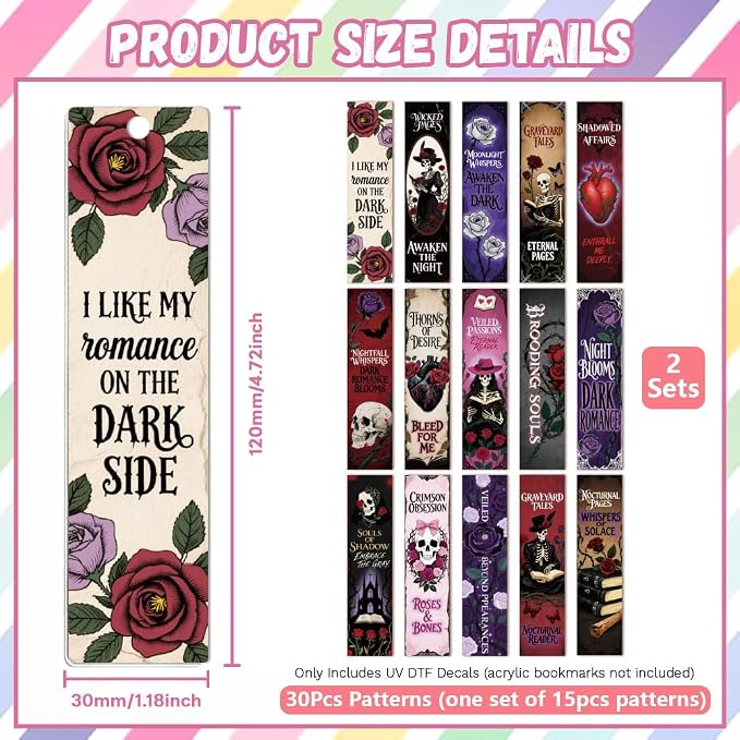 Peacoblue 30pcs UV DTF Bookmarks Transfer Stickers Wraps Dark Gothic for Women Men Reading, Waterproof Bookmarkers Decal(No Blank Bookmarks) for Acrylic Plastic Metal Blank Bookmark