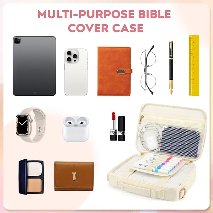 Bible Cover Case for Women Grils, Preppy Bible Bag with Adjustable Shoulder Strap, Waterproof Bible Carrying Tote Bags Holder for Bible Study Supplies Accessories & Christian Gifts (Beige)