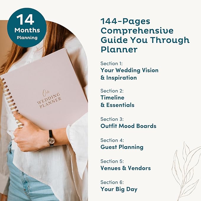 Timeless Premium Linen Wedding Planner Book and Organizer – Wedding Planning Book, Comprehensive Keepsake & Countdown Binder, Perfect Engagement Gift for Women, 11" x 9" (Rose)