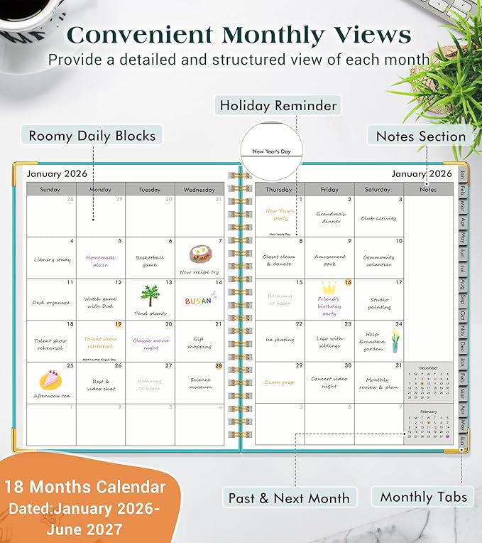 Planner 2026-2027, 18 Months Weekly and Monthly Hardcover Planner, January 2026 - June 2027, 5.75" x 8.38" A5 Daily Calendar Planner Book with Tabs, Spiral Yearly Agenda Organizer Notebook for School Work Home, Aquamarine