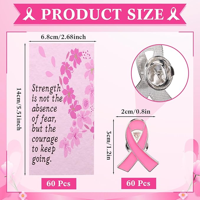 Sherr 240 Pieces Breast Cancer Awareness Accessories Pink Ribbon Retractable Pens Pink Pins with Encourage Cards Breast Cancer Awareness Supplies Inspirational Supplies for Charity