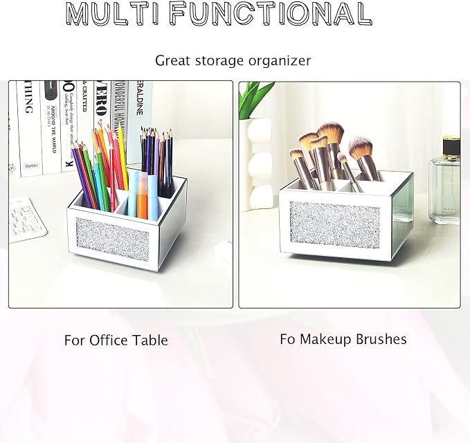 360 Rotating TV Remote Control Holder Caddy Storage for Table, Silver Bling Crushed Diamond Organizer for Pens and Pencils, Make Up Brushes