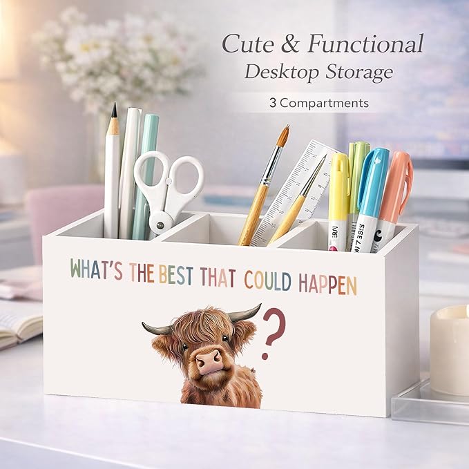 What’s The Best That Could Happen Cow 3-Compartment Desk Organizer, Wooden Pencil Holder for Pens, Pencils, Scissors & Rulers, Cute Farm Animal Theme for Home, Kids, Office