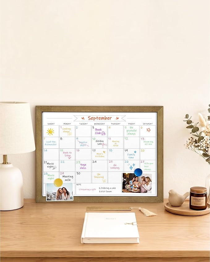 Dry Erase Monthly Calendar Whiteboard, Magnetic Surface White Board for Wall, Office/School/Home, Solid Pine Wood Rustic Brwon Frame Hanging Board & Planning Board, 13"x 17" (YL-RB-3343-B)