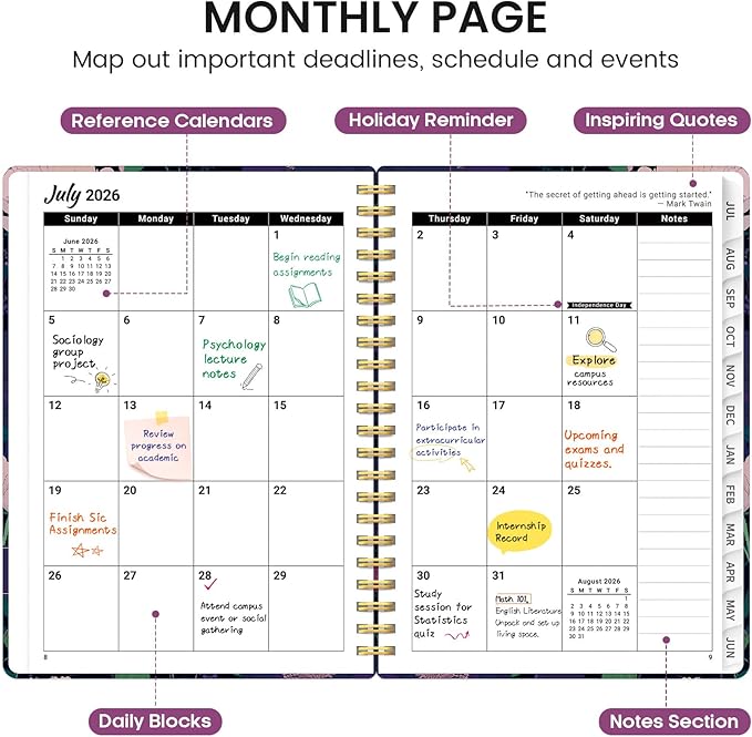 Planner 2026-2027, Academic Monthly and Weekly Calendar Planner for Women, July 2026 - June 2027, Hardcover Pretty Agenda Planner Book with Tabs, Spiral Daily Organizer for School Office Home Supplies, 6.3" x 8.5" - Plum Reverie