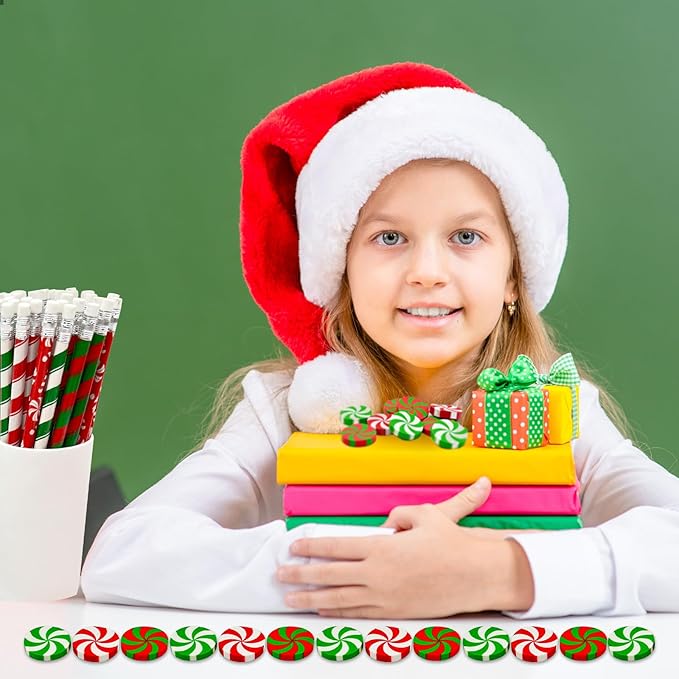 Cinrobiye 100 Pieces Christmas Pencils and Candy Cane Eraser Bulk,Xmas Stationery Pencil Christmas Eraser for Holiday School Party Favors Stocking Stuffers Classrooms Student Rewards Teacher Supplies