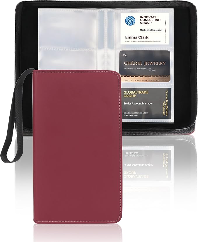 Leather Business Card Book Holder Organizer, Professional Name Card Book Holder with 300 Card Capacity, Portable PU Credit Card Wallet File Sleeve Storage for Men Women,50 Pack Sleeves (Wine Red)