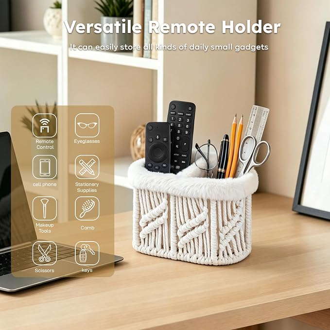 Remote Control Holder, Plush Lined TV Remoter Holder Caddy, Nightstand Desk Dresser Bedside Table Storage Organizer for TV Remotes, Media Controllers, Glasses, Office Supplies (Beige, 2 Slots)