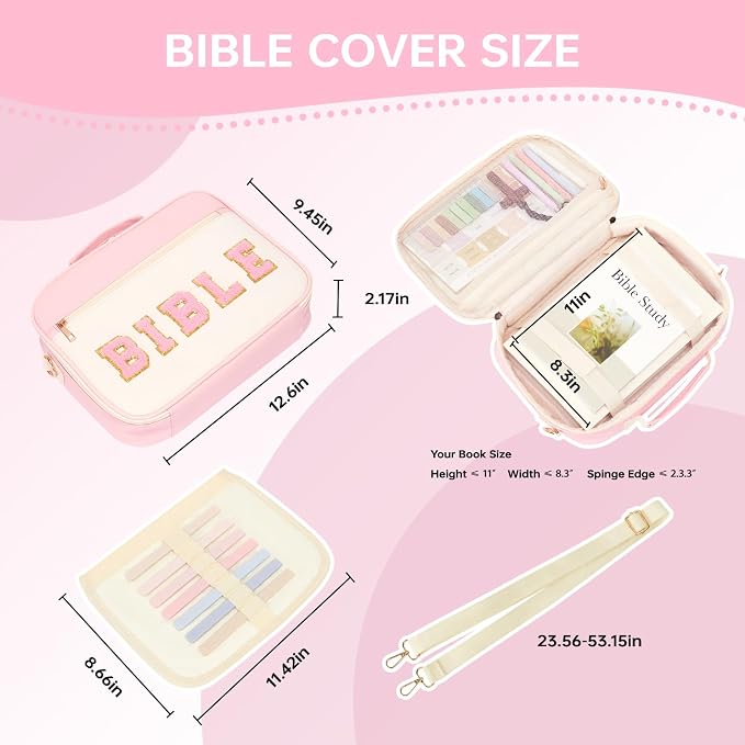 Bible Cover Case for Women Bible Study Supplies Large Preppy Chenille Pink Leather Bible Carrying Tote Bag Letter Bible Case Christmas Christian Gifts for Women Girls (Pink, Large)
