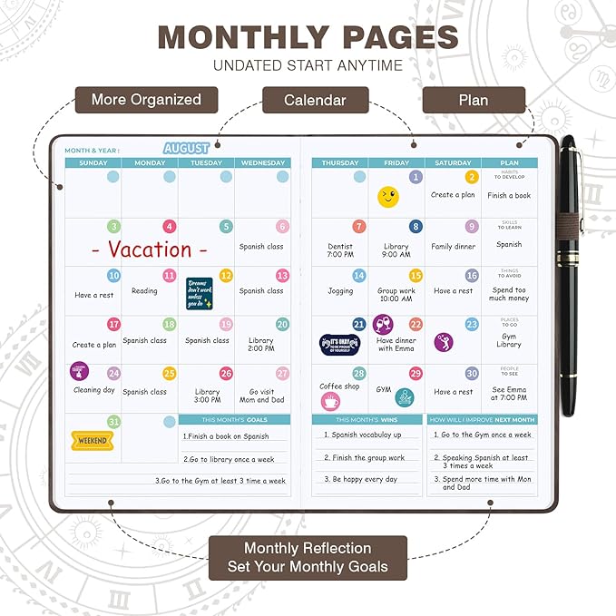 Undated 12 Month Planner Hardcover (5.5x8.5") - Weekly & Monthly Academic Life Organizer, Productivity Journal, Thick Paper, Sticker, Bookmark, Pen Loop(Brown)