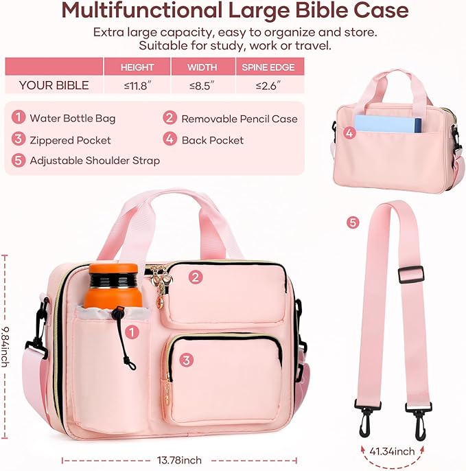 Bible Cover Case for Women, Large Bible Bag with Removable Pencil Case, Shoulder Strap and Highlighters for Bible Study Supplies, Church Bag Carrying Journaling Kit, Christian Gift for Women