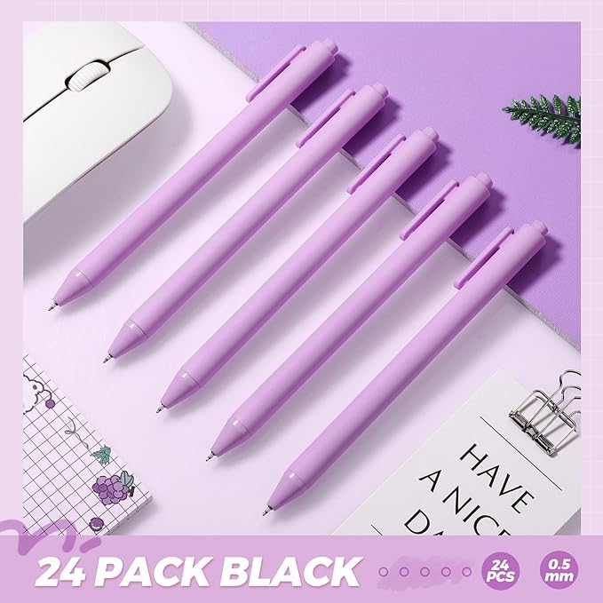 Cholemy 24 Pack Retractable Pens Bulk Pastel Gel Ink Pens 0.5mm Fine Point Tip Black Ink with Grip Smooth Writing for Journaling Note Taking School Supplies(Purple)