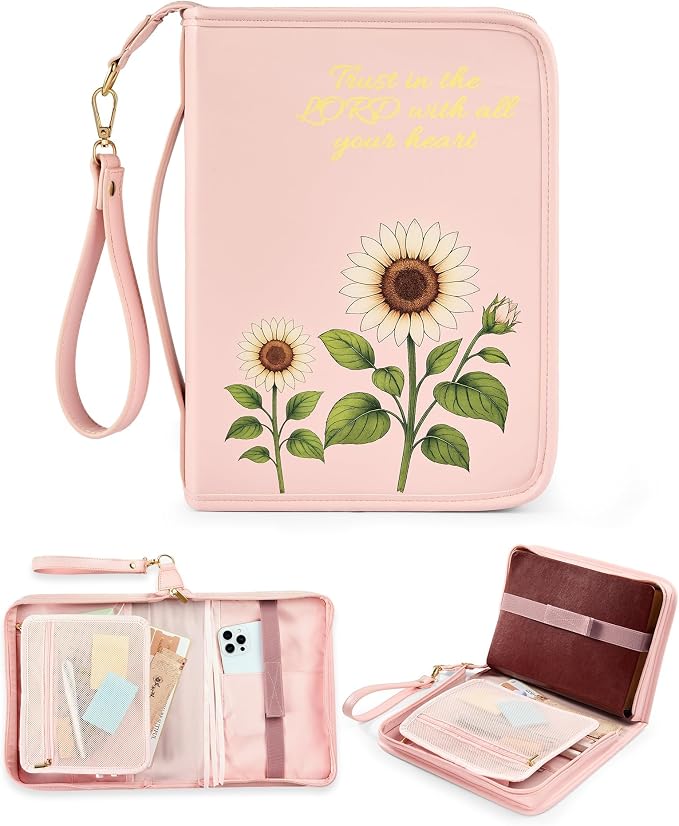 Bible Cover Case for Women, Large PU Leather Bible Bag with Multiple Pockets, Reinforced Handle and Wrist Strap, Zippered Organizer for Bible Study and Church, Gift for Her, Pink