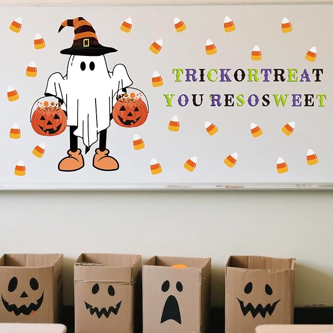 Whaline 62Pcs Halloween Bulletin Board Door Decorations Pumpkin Ghost Candy Corn Paper Cutouts with 100Pcs Glue Points for Trick or Treat Party Classroom Chalkboard Wall Decor