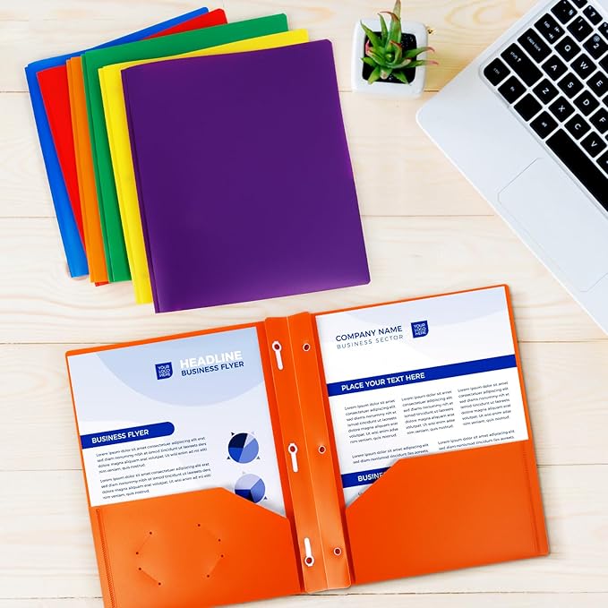 24-Pack Plastic Folders with Pockets and Prongs,2-Pocket Folders with 3 Fasteners, Holds 8-1/2" x 11" Paper for School/Office/Home, Orange