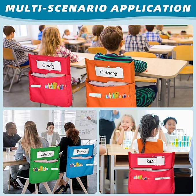 12 Pcs Classroom Chair Pockets, 15.9 x14.8 inch Chair Pockets for Classroom, 6 Bright Color Seat Sacks for Classroom Chairs, Buddy Pocket, Chart Seat Back Organizer with Name Tag