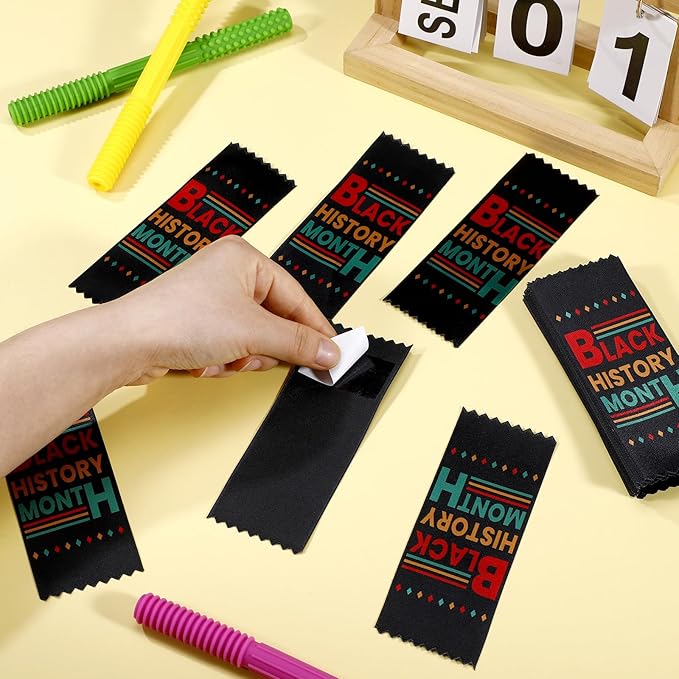 SmoothNovelty 100 Pcs Black History Month Satin Ribbons with Adhesive Backing Black History Month Party Decorations for Africa American School Celebration Commemoration
