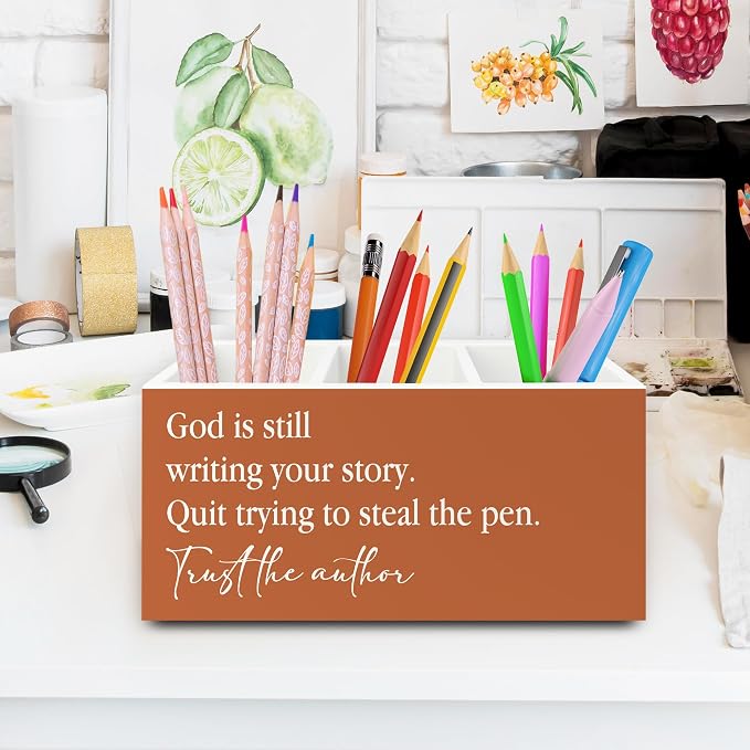 Inspirational Christian Pen Pencil Holder Organizer for Desk, God Is Still Writing Your Story Bible Verse Religious Terracotta Wooden Box Sign for Office Home Desk Tabletop Decorations