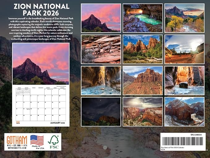 Zion National Park Calendar 2026 Utah Monthly Wall Calender 12 Month | American Made In The USA