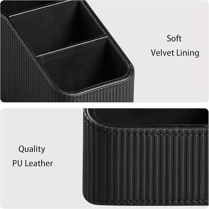 Remote Control Holder, PU Leather Nightstand Organizer Bedside Caddy with 3 Compartments, Small Desk Organizer for Remote/Pen/Glasses/Phone (Black)