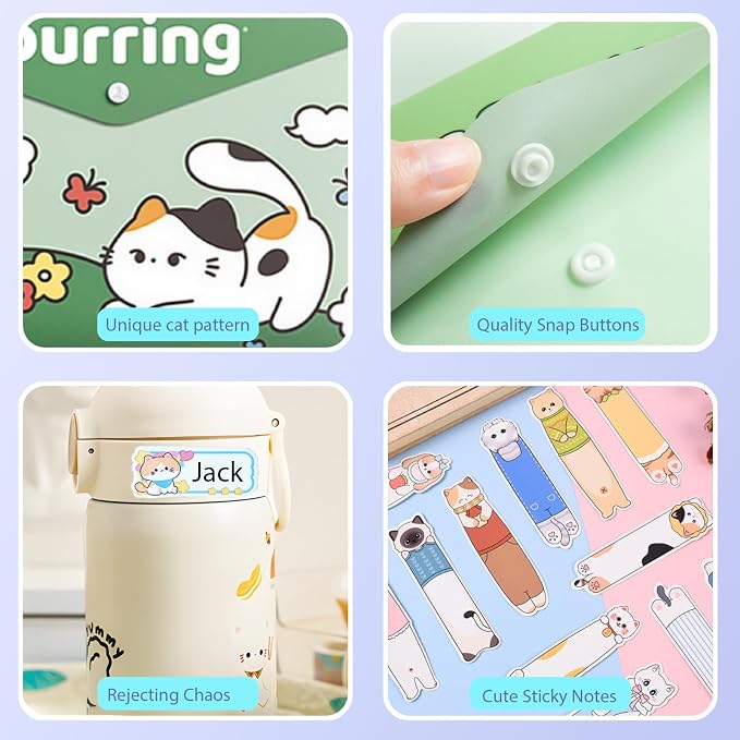 Cute Cat File Folders, 10 PCS Plastic Folders for Document, A4 Size Plastic Envelopes with Snap Closure, File Folders Document Folders File Bags Name Tags Sticker Cat Bookmark for School Office