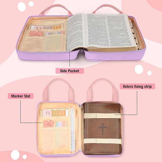 FINPAC Bible Cover Case Tote Bag Water-Resistant Bible Carrying Case Christian Gifts for Church Study Supplies, Purple