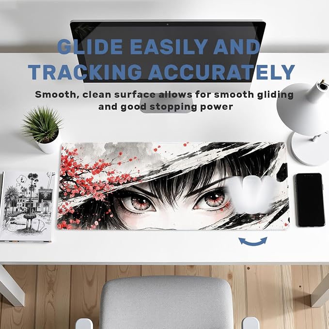 Japanese Anime Gaming Mouse Pad 35.4 x 15.7 Inches Cherry Blossoms Anime Eyes Desk Mat with Non-Slip Rubber Base, Stitched Edges for Gaming,Office