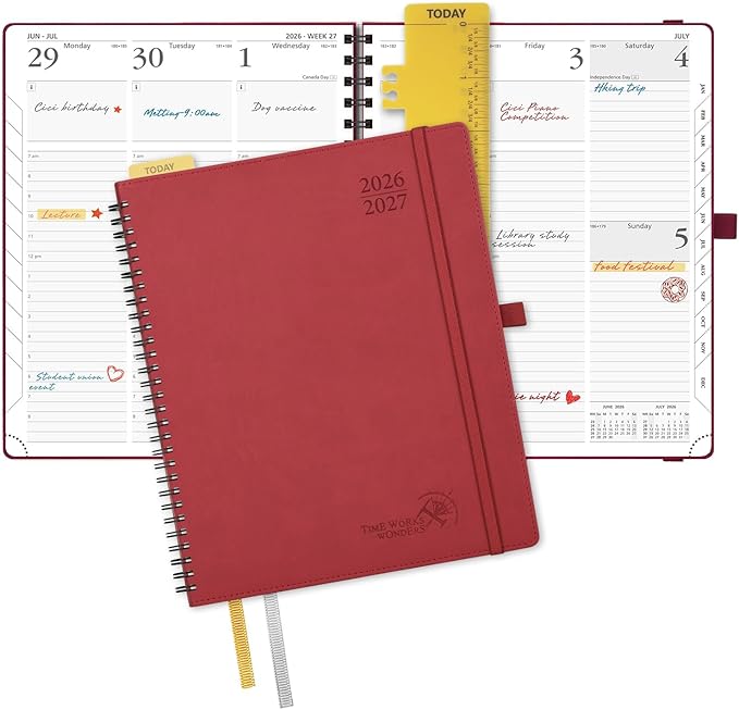 POPRUN Planner 2026-2027 (Large - 8.5'' x 10.5'') Academic Weekly Calendar (July 2026 - June 2027) with Hourly Time Slots, Monthly Tabs, 100GSM Thick Papers, Spiral Leather Cover - Burgundy