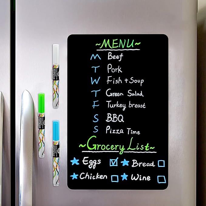 CUHIOY Magnetic Black Dry Erase Board for Fridge 12x8'', Small Magnetic Refrigerator Chalkboard - Easy to Clean Surface, Fridge Grocery List Magnet Whiteboard, 3 Markers pens and Eraser