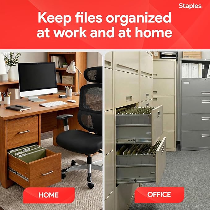 Staples Reinforced Hanging File Folders, Letter Size, 3" Expansion, Wide‑Capacity Box‑Bottom Design, Standard Green – 25/Pack