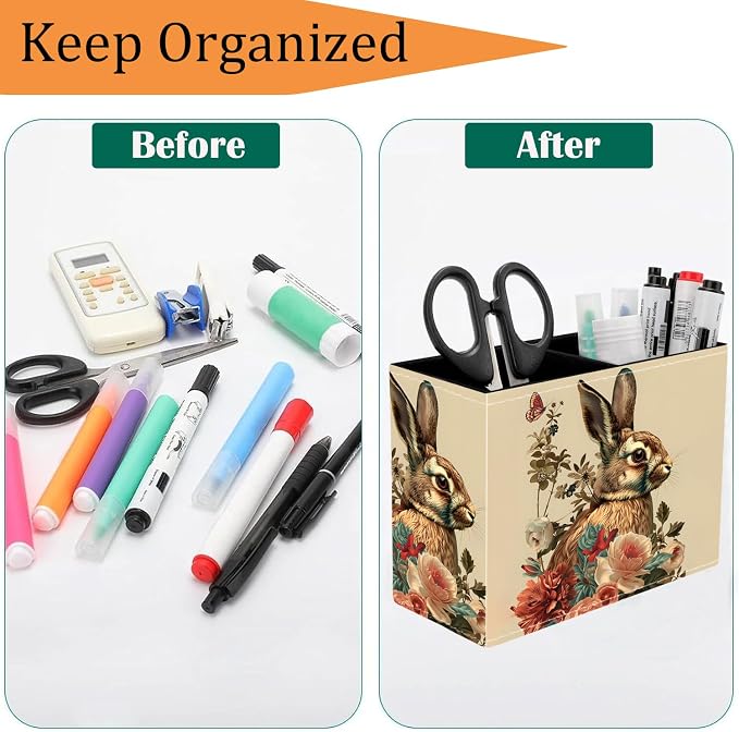 Pen Holder for Desk, PU Leather Multifunctional Desktop Storage Box and Anti-Slip Mouse Pad Set, Makeup Brush Holder Pen Organizer for Office and Home - Rabbit