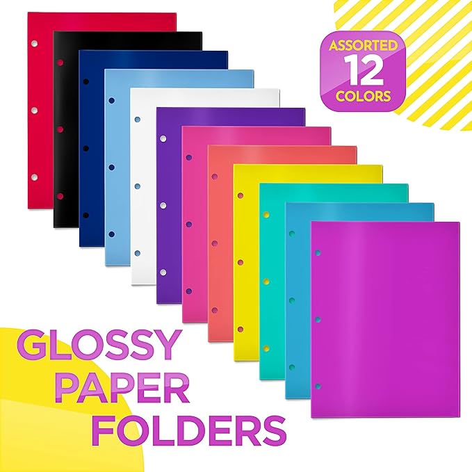 Better Office Products 4 Pocket Glossy Laminated Paper Folders (12 Pack), 3 Hole Punch Portfolios, Assorted Bright and Primary Colors,