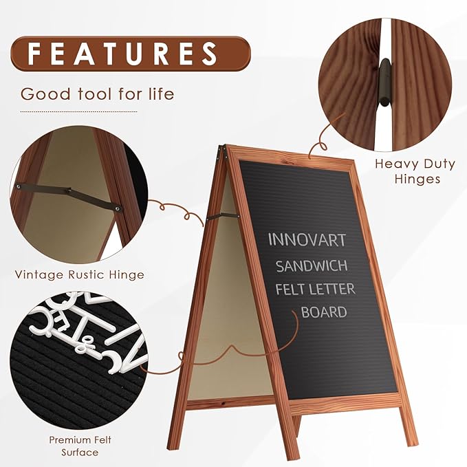 INNOVART A-Frame Sidewalk Sign 36”x20”, Sandwich Felt Letter Board w/Changeable Letters, Double-Sided Felt Letter Board, Free Standing Letter Board Easel for Restaurant, Business, Wedding, Dark Brown