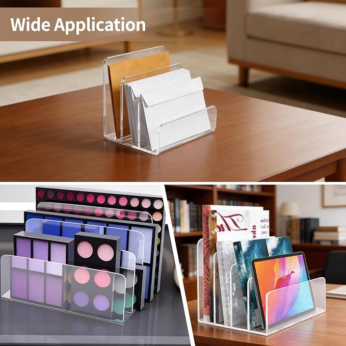 2 PCS Acrylic Mail Organizer, Clear Vertical Letter Holder with 3 Compartments, Divided File Sorter Desk Organizer for Mail Envelopes Letters Documents Home Office Storage Holder