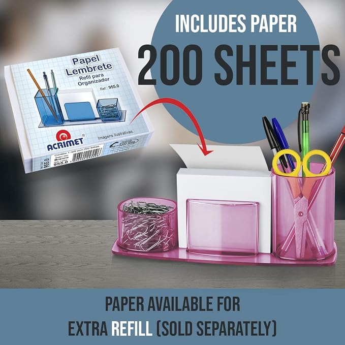 Acrimet Millennium Desk Organizer Cup Caddy – Plastic Desktop Holder for Pen, Pencil, Clips, Desk Accessories & Memo Paper – Includes 200 Sheets of Memo Paper (Clear Pink Color)