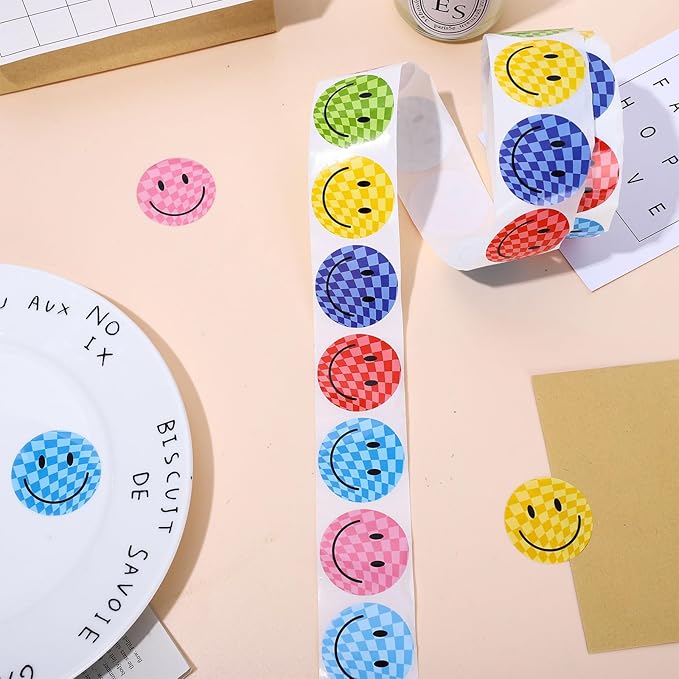 Whaline 1000Pcs Checkered Smile Face Stickers Roll Happy Face Decal Stickers Colorful Round Label Stickers Reward Adhesive Stickers for School Teachers Students Rewards Party Favor Supply
