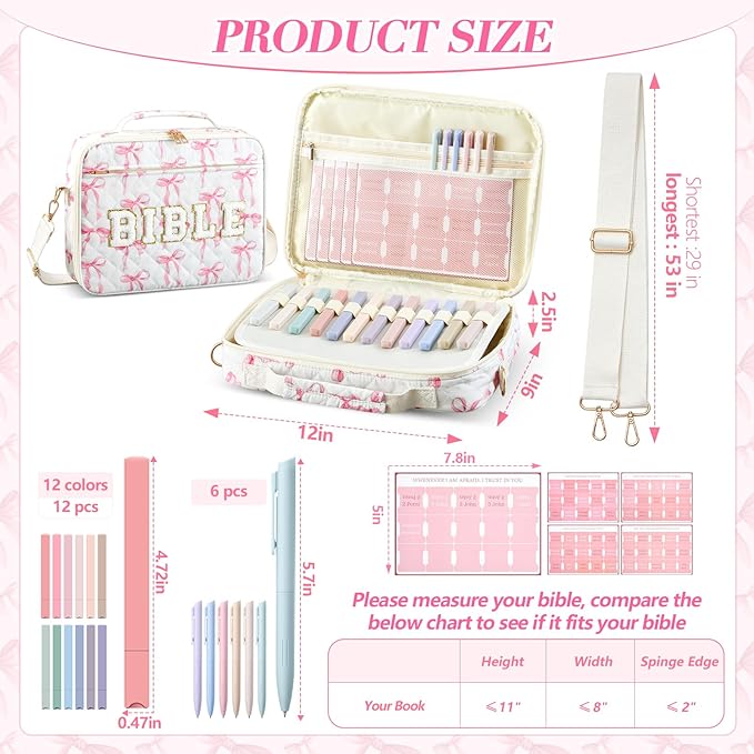 Sinload Quilted Bible Cover Case for Women 12 x 9 x 2.5 Inch Bible Chenille Letter Bag with Shoulder Strap Carrying Tabs 6 Colored Pens 12 Highlighters Christian Church Study Gifts(Pink,Bow Tie)