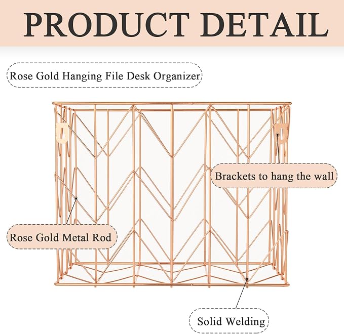 Hanging File Folder Kit Includes 1 Rose Gold Hanging File Desk Organizer and 24 Pack Hanging File Folders Letter Size with 1/5 Cut Tabs Design for School Office Home Supplies, Pink Design