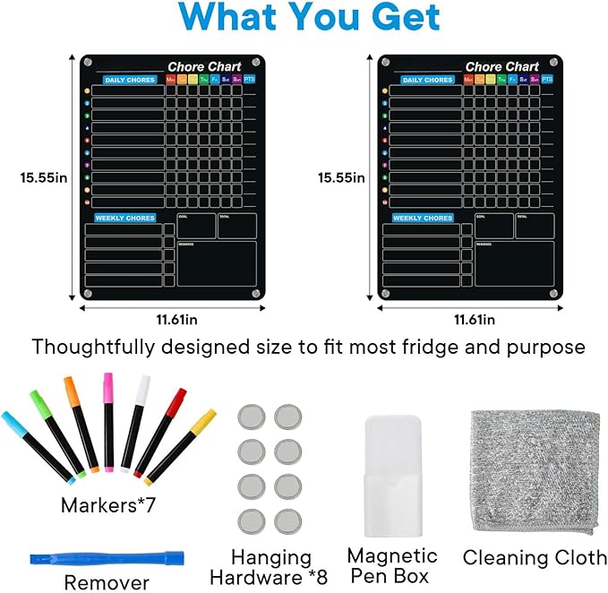 2-Pack Acrylic Magnetic Chore Chart for Kids, 12"x16" Daily/Weekly Easy-Check Reward Responsibility to Do List, Fridge Dry Erase Board for Multiple Kids Teens Adult Family with 7 Markers