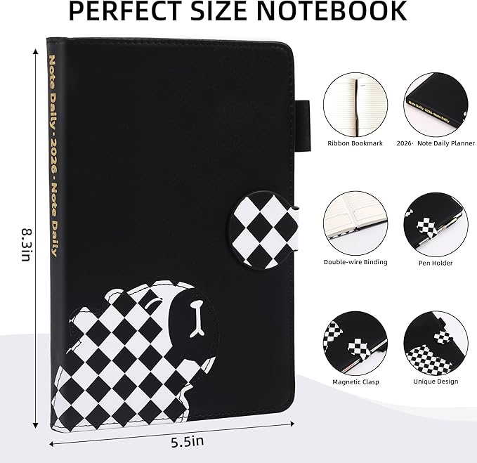 2026 Year Planner Magnetic Buckle 12 Month Hardcover Weekly and Monthly Calendar Planner 5.5" x 8.3" Soft Leather Bound Cute Planner Goal Habit Tracker Organizer Planning Book with Tabs ,Daily Schedule School Office Schedule for Women Men（Black）