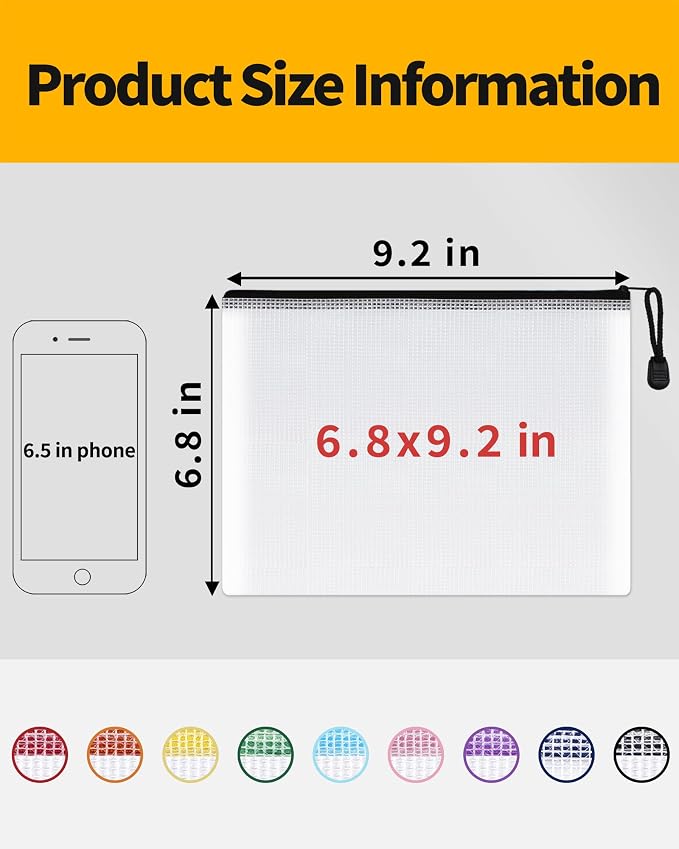SUNEE Plastic Mesh Zipper Pouch 6.8x9.2 in (Black, 18 Packs),Extra Large Water-Resistant Zip Bag for School Office Supplies, Puzzles & Games Organizing Storage