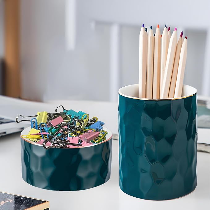 Aesthetic Desk Organizer Set of 2 For Your Office - Sturdy Concrete Desktop Accessories For Women or Men Enhance Any Office Decor - Set incl. Ceramic Pen Holder and Paper Clip Holder(green)