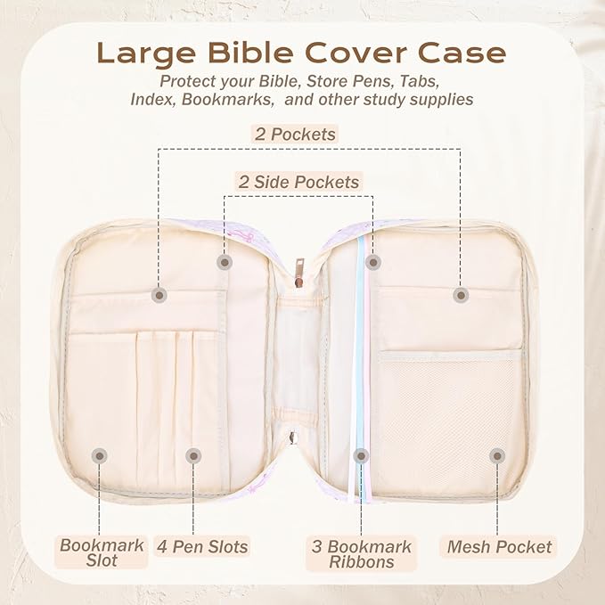 XKDOUS Bible Cover for Women Church Book Holder Quilted Carrying Case with Handle, Tabs, Study Supplies Portable Bible Bag Journaling Kit Christian Gifts for Mom Lady