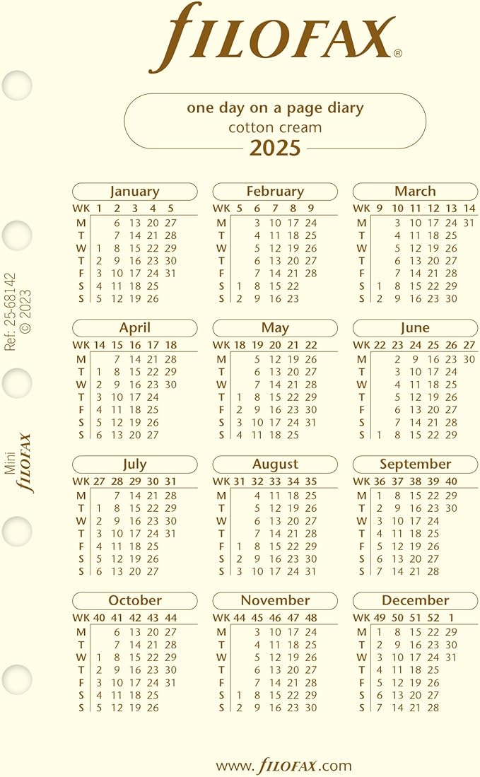 Filofax Calendar Diary Refill, Mini Size, Day on One Page with Appointments, Ruled, Cotton Cream Paper, Multilingual: Four Languages, 2025 (C68142-25)