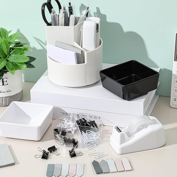 Kosiz 27 Pcs Black White Desk Accessories Gift for Aesthetic Desk Organizer Neutral Office Supplies Pen Holder Stapler Binder Sticky Notes Paper Clips Scissor Staples for Back to School(Classics)