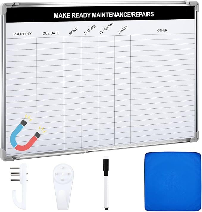 Lincia Property Management Make Ready White Board, Magnetic Maintenance Dry Erase Board with Lines, Sliding Marker Tray, Aluminum Frame Checklist Whiteboard for Apartment Maintenance Repair Tracking