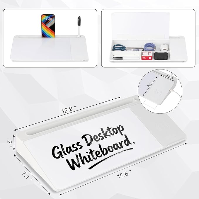 Glass Desktop Whiteboard with Wireless Charger & Storage, Desk Dry Erase Note Memo Board, Compact Desk Organizer for Desk, Home, Study, Office, Back to School Supplies, White, 2026