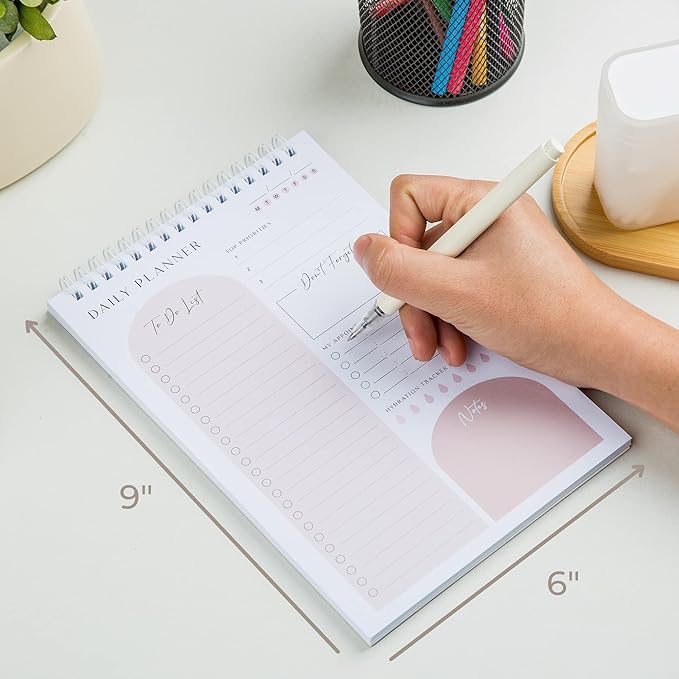 Daily Planner To Do List Notepad 60 Undated Pages,Coral,Twin-ring Spiral Bindling 6x9 Inch Desktop Daily Planning Notepad with Protective Cover,Notebook for Daily Tasks, Water Intake, Habit Tracker