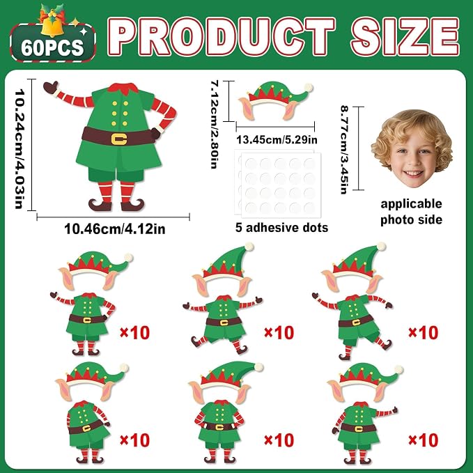 60Pcs Christmas Elf Cutouts Christmas Bulletin Board Decoration Xmas Elf DIY Photo Craft Cutouts Winter Classroom Supplies for Teacher Student Holiday Party School Classroom Home Chalkboard Wall Decor